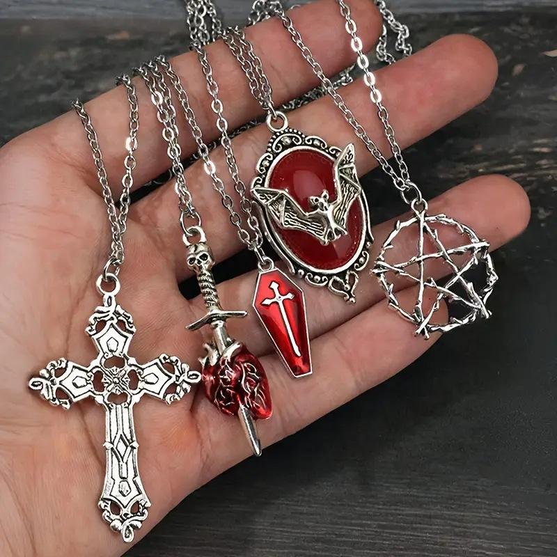 5 Stück Gothic Halskette Set für Frauen Halloween Schmuck Herz Fledermaus Spinne Kreuz Anhänger Pulloverkette Trendige tägliche Accessoires Geschenk