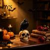 Creepy Gothic Accents Halloween Skull Figurine, Realistic Human Head Statue, Crow on Statue Sculpture for Home Tabletop Mantel Decor Decorations