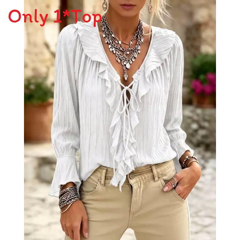 Polyester Blouse With Ruffle Hem And Long Sleeves For Office Wear