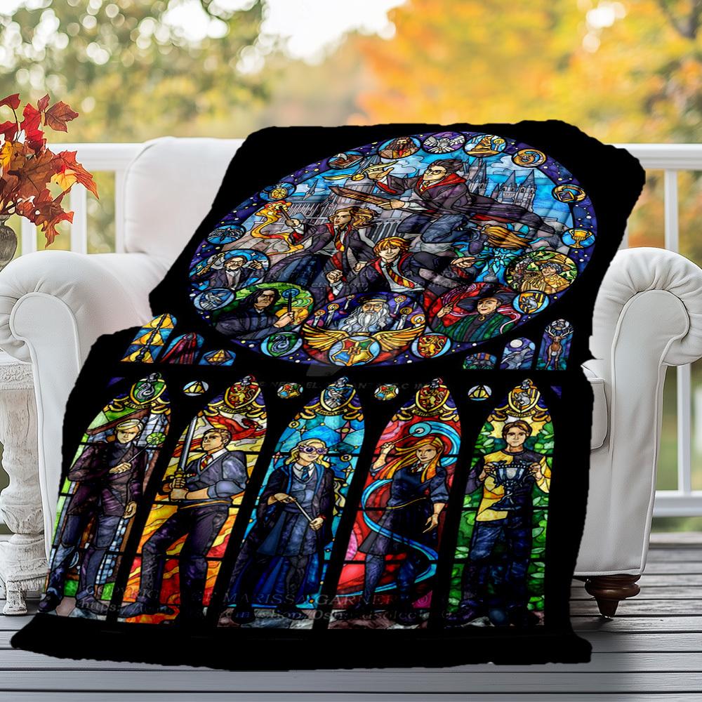 1pc Hogwarts Harry Potter Stained Glass Outdoor Flannel Throw Blanket All Season Soft Warmth,Home Decor 1031206