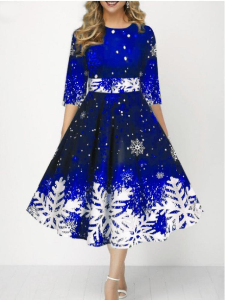 

Рождественская женская мода Персонализированное платье с принтом снежинок, с рукавом средней длины, приталенное 5XL синий
