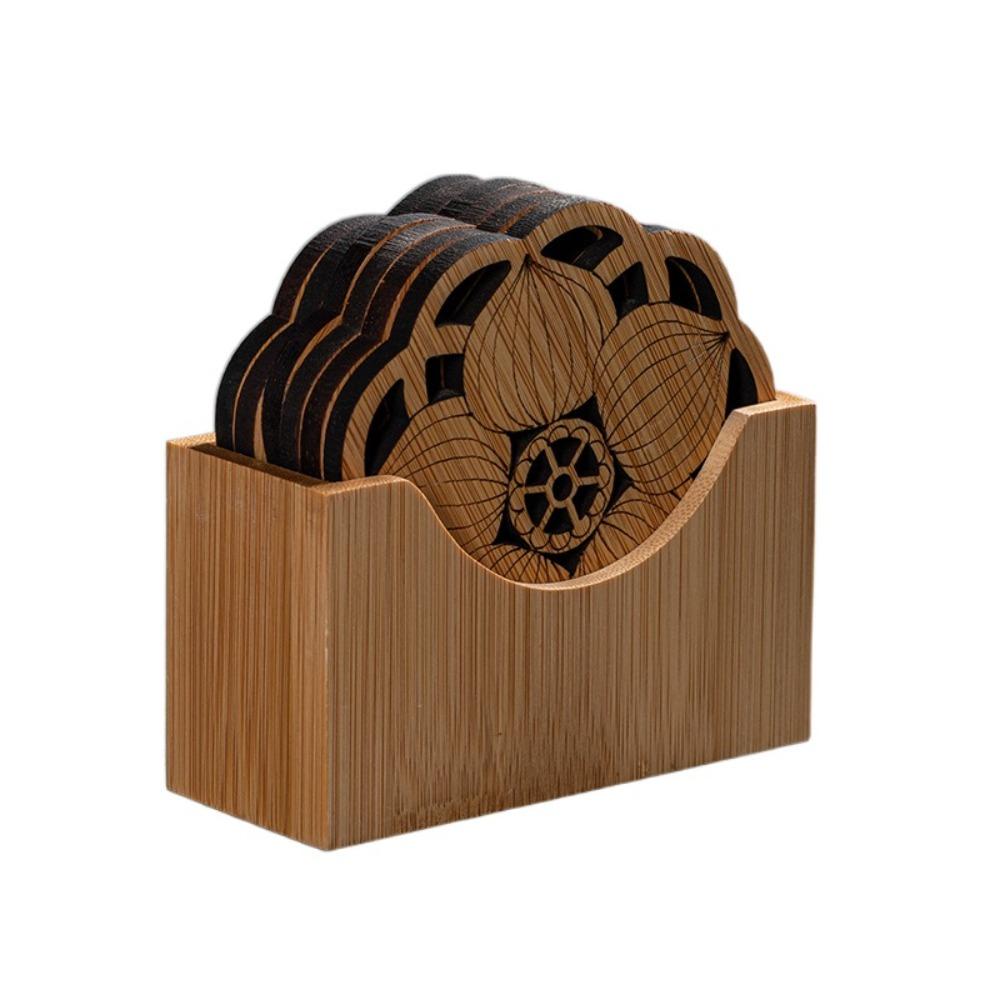

6Pcs/Set Creative Wooden Round Cup Mat Chinese Style Dining Table Mat Tea Cups Coaster Kitchen Five Leaves
