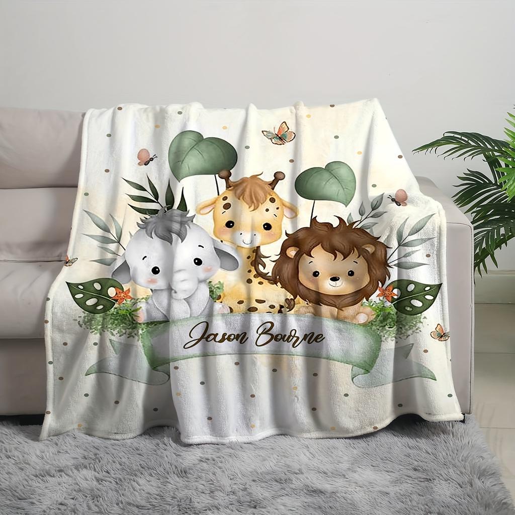 1pc Custom Name Jungle Animal Flannel Blanket - Soft, Cozy & Lightweight Reversible Throw with Personalized Name - Digital Printed Giraffe, Zebra & Li