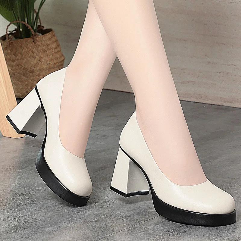 8cm Comfortable Fashion Shallow Mouth Soft Leather Shoes Women Pumps  Fall Block High Heels Shoes for Office Model Court