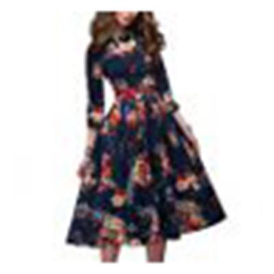 Women Elegant Vintage Floral Print O Neck Long Sleeve Flared Midi Party Dress