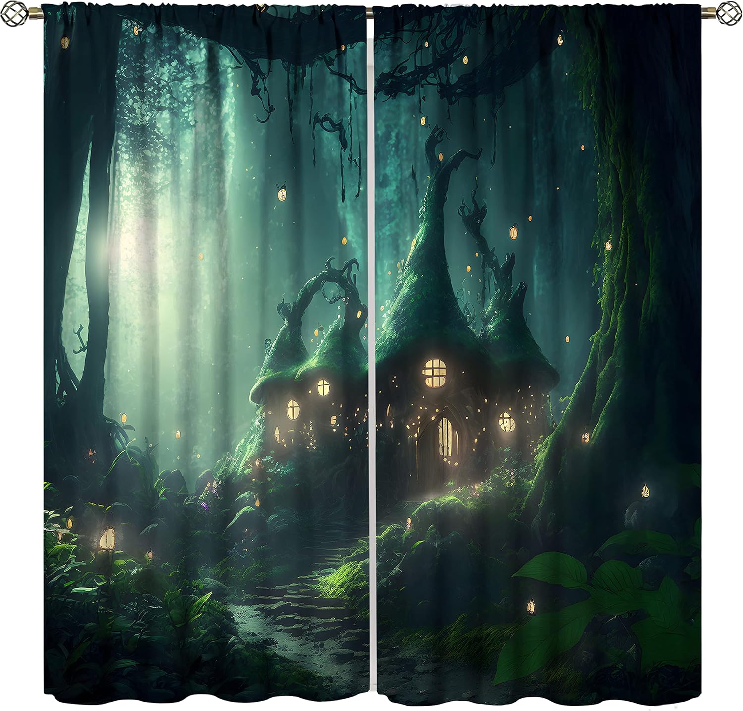 

Красивые Волшебные Лесные Шторы, Фантастические Сказочные Деревья Мистический Пейзаж Солнечные Лучи Кулиска Оконные Драпировки для Спальни Гостиной 53x116cm 2pc21x46in&Rod Pocket