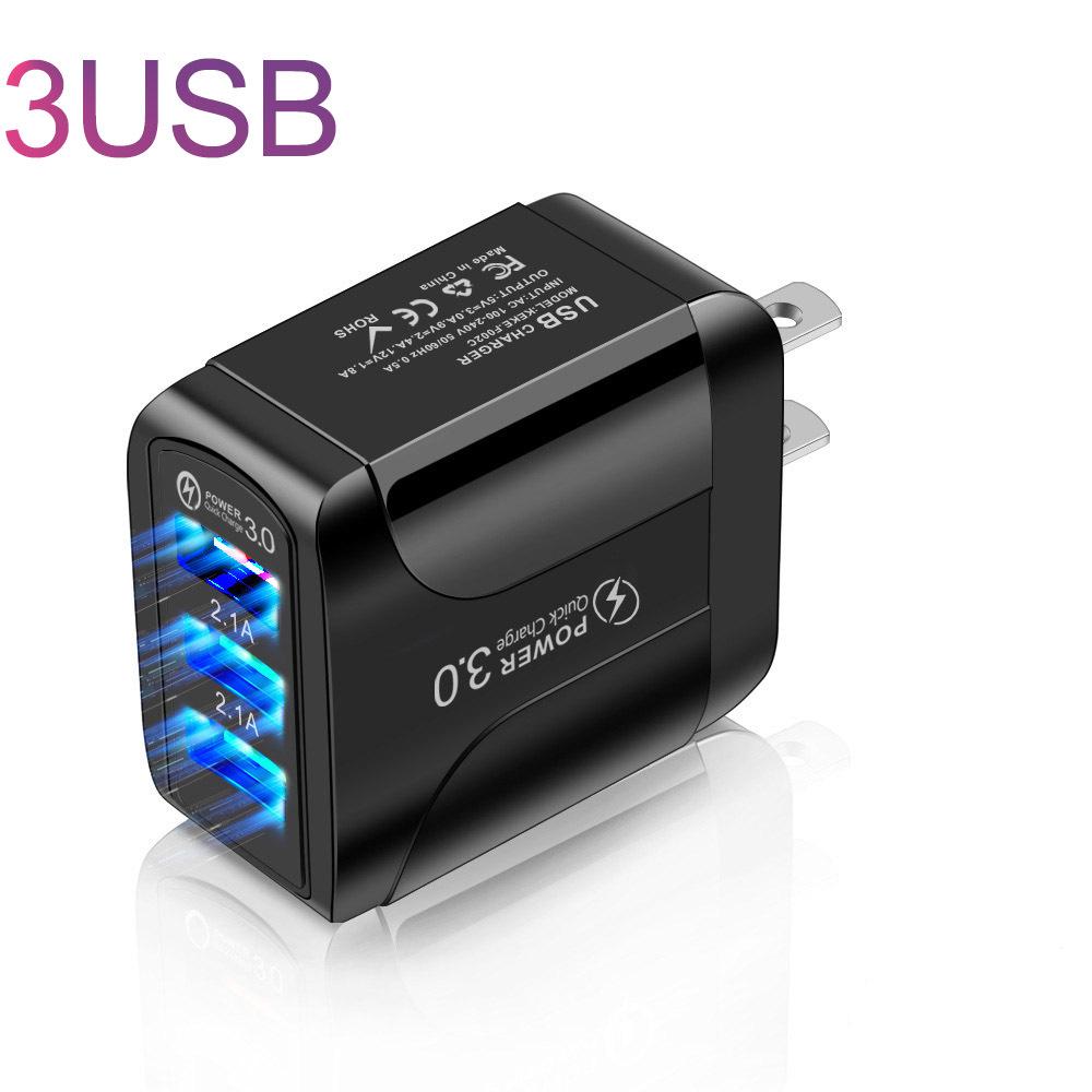 

QC3.0 Fast Charging 3-Port USB Charger with LED (5V/9V/12V) - US/EU/UK Plug Fast Charge 3U US Black [Bare Device]