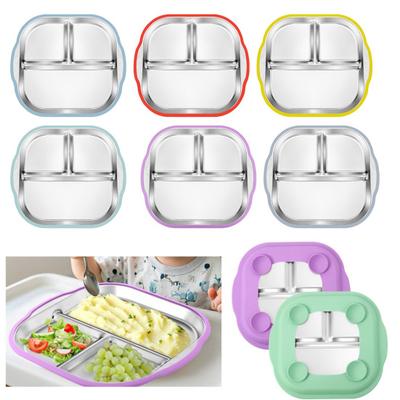 Roestvrijstalen peuterbord met zuignapbasis 3-vaks babykom antislip siliconen grip onbreekbaar metalen kinderbord