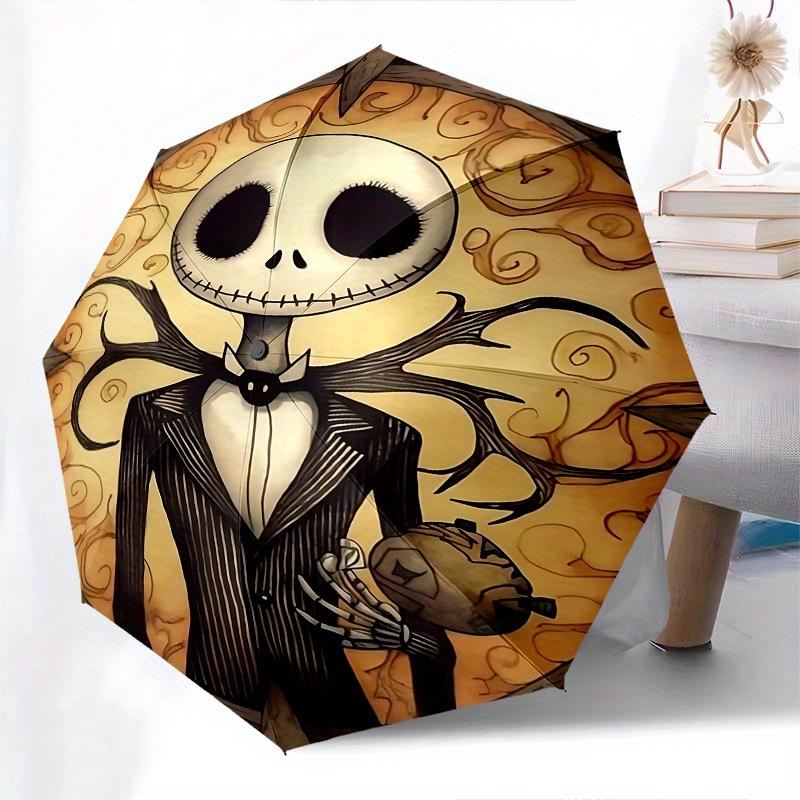 1 Ombrello Portatile Colorato con 8 stecche, Apertura Automatica, Tema Jack Skellington, Nightmare Before Christmas, per Uomo e Donna, Un Compagno Compatto per il Pendolarismo