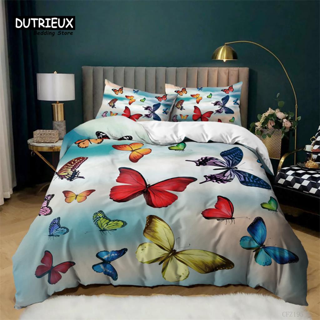 Girls Duvet Cover Set Queen Size Butterfly Bedding Set For Kids Teens Gorgeous Colorful Butterflies Comforter Cover Pillowcases