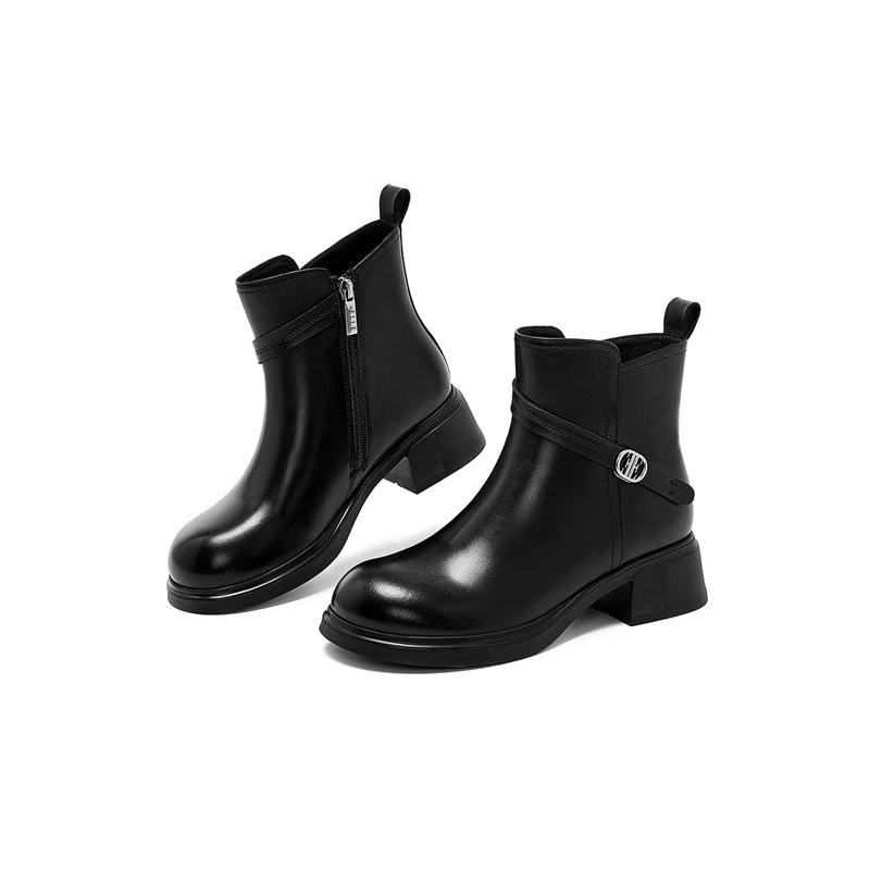 Elle Chunky Heel Martin Boots Genuine Leather Round Toe Elegant Short Boots Women boots EX254AE010