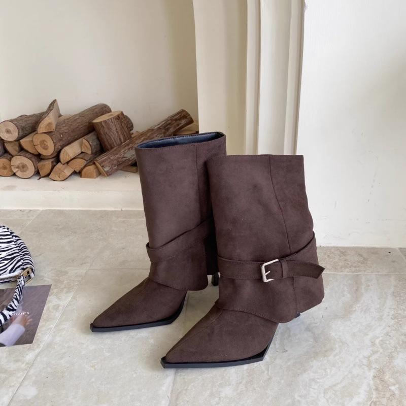 Beautiful pointed trousers boots women's autumn and winter new medium tube short boots thin legs thin high heels and ankle small naked boots