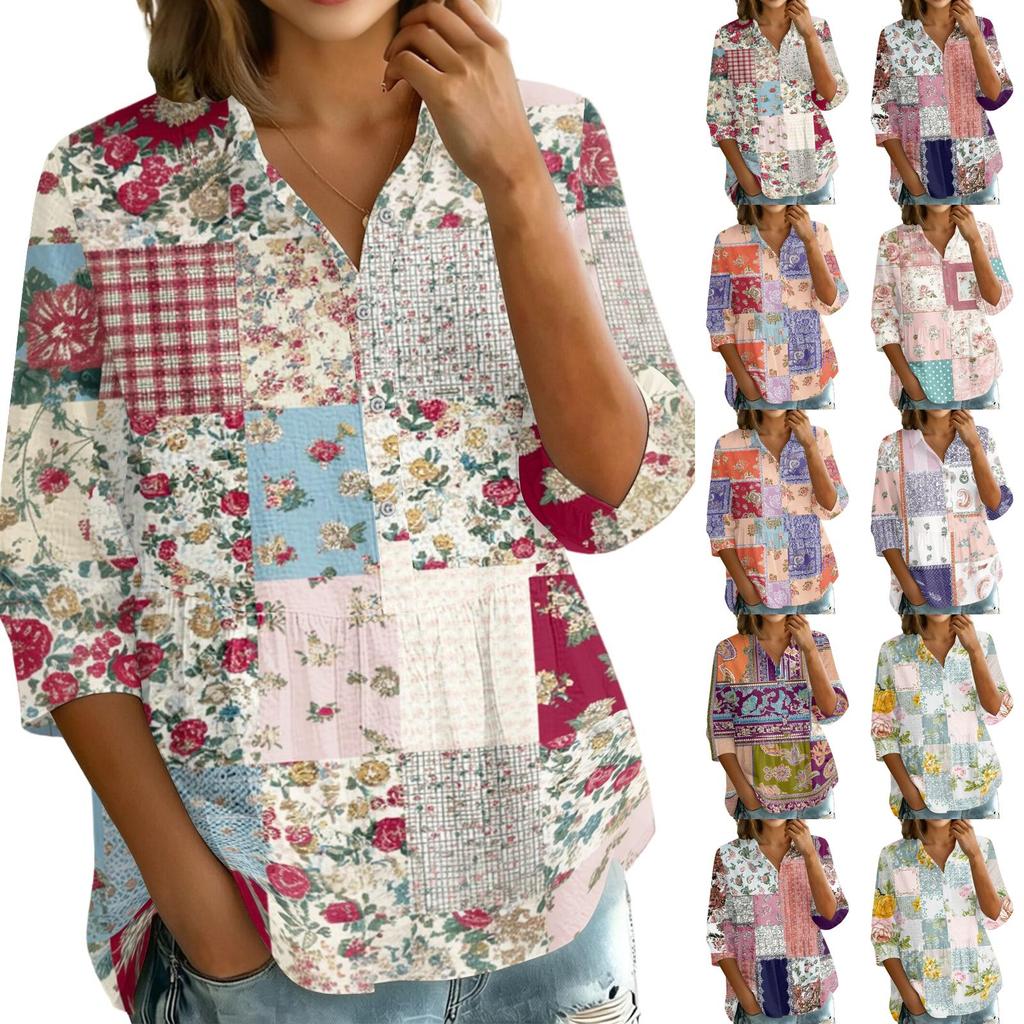 Women's Button Front Patchwork Floral Print Shirt Three Quarter Sleeve Loose Fit Blouse with Collar and V Neckline