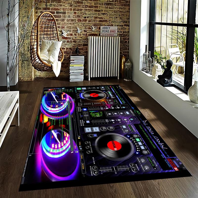 DJ Audio Mixer and Speaker Pattern Carpet with Neon Light Style Design Suitable for Use As an Anti-slip for Room and Bedroom Sofas