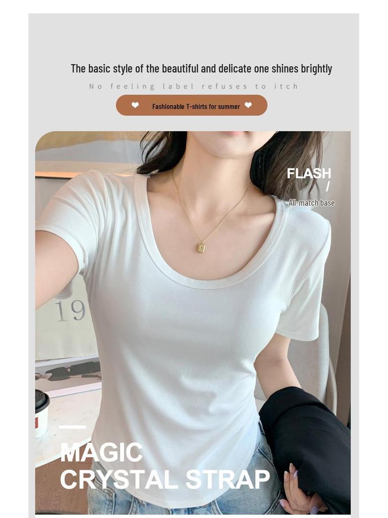 Women's H227 White U-Neck Short-Sleeve T-Shirt - New Spring/Summer Lightweight Layered Top