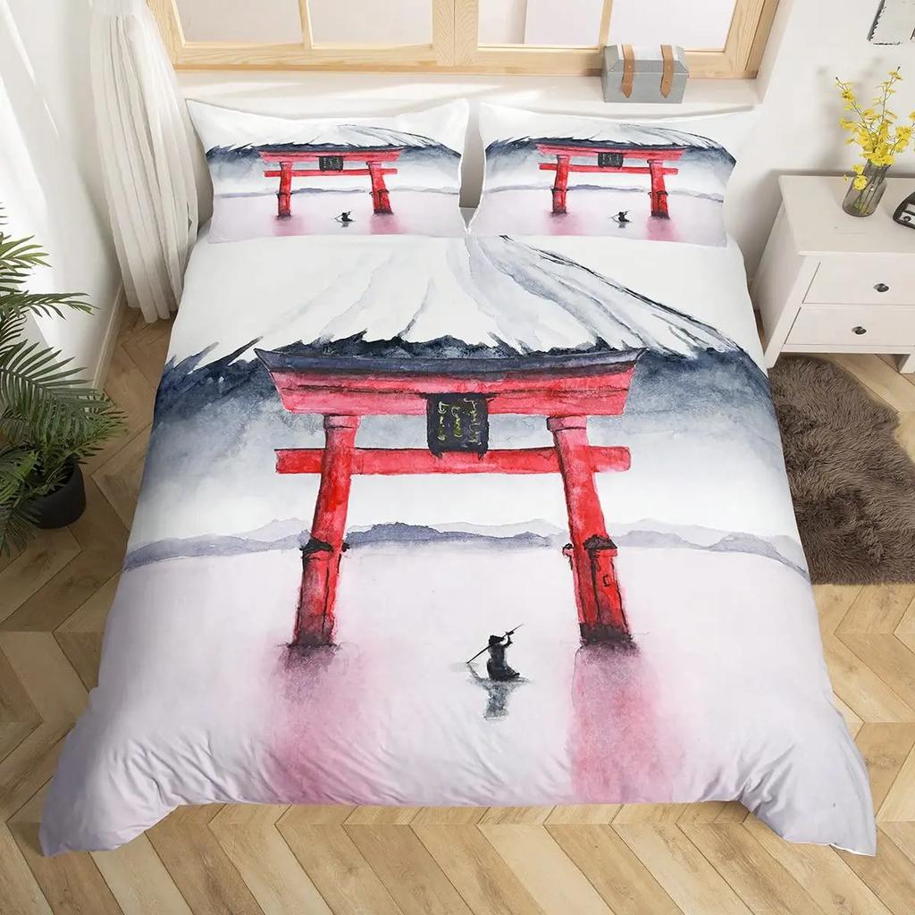 Japanese Fuji Mountain Duvet Cover Set Crane Bedding Set Watercolor Nature Tree Branches Comforter Cover Traditional Quilt Cover
