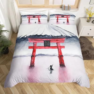 Japanisches Fuji Berg Bettbezug Set Kran Bettwäsche Set Aquarell Natur Baumzweige Bettdeckenbezug Queen Bettdeckenbezüge 3tlg.