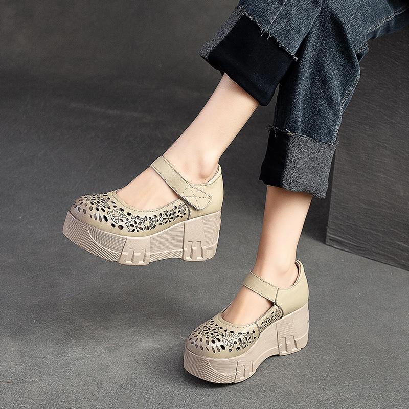 Fashion GKTINOO Handmade Retro Women Shoes Genuine Leather Sandals Hook & Loop 2025 New Spring Summer Hollow Platform Wedges Sneakers