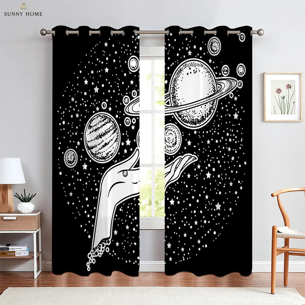 Cartoon Starry Sky Planet Curtains Children's Room Living Room Study Window Decoration Curtains Can Be Customized 2 Pieces