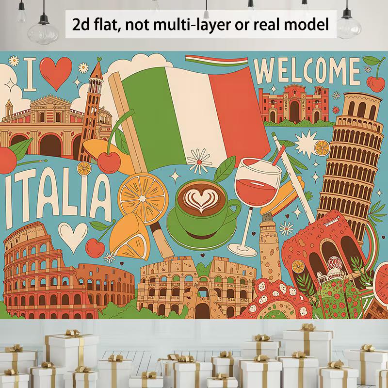 

2D I Love Italia Photography Backdrop, Italy Flag, Coffee, Wine and Landmarks Background 47.2x31.5inch/120*80cm