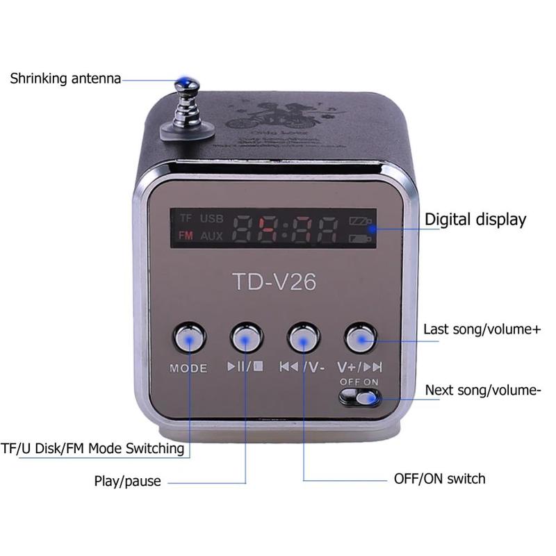 Tragbarer TD-V26 Digitaler Wiederaufladbarer Bluetooth-Lautsprecher Mini-UKW-Radioempfänger LCD-Display Stereo-Lautsprecher Unterstützt SD/TF-Karte