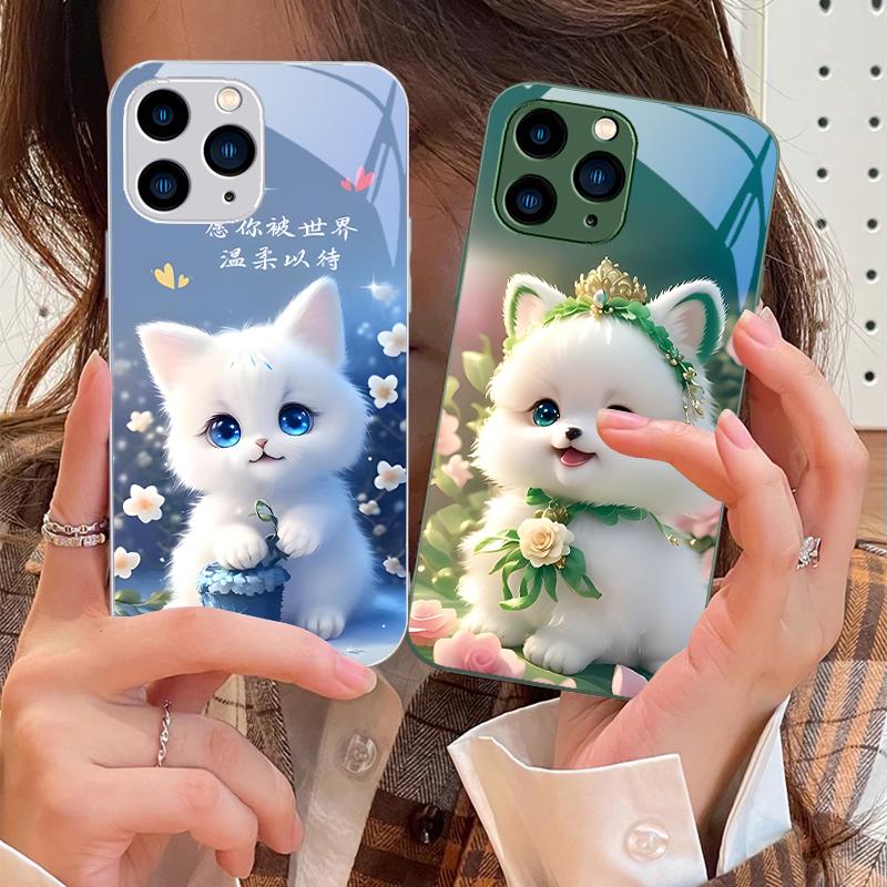 Cute Little Dog Green For IPhone 16 Pro Max 15 Pro 14 13 12 Mini 11 XS Max XR 7 8 Plu SE 2022 Tempered Glass Phone Case
