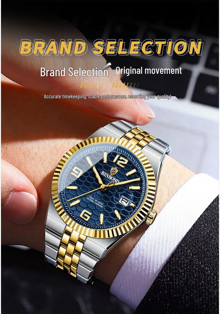 Binbang BINBOND Men's Luminous Waterproof Watch with Calendar and Large Dial
