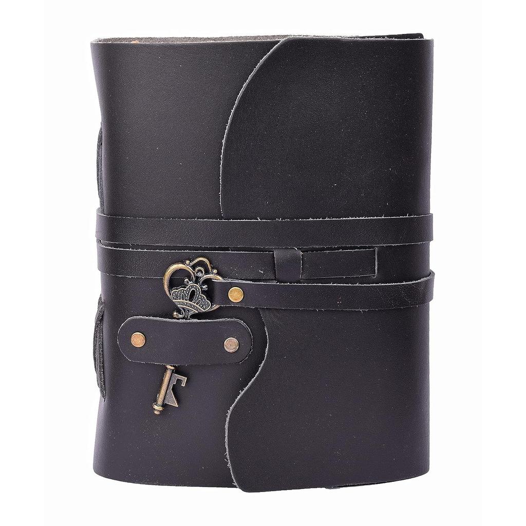 Vintage Handmade Leather Diary with Antique Key Closure  (A5) - 200 Handmade Deckle Edge Pages - Black Color