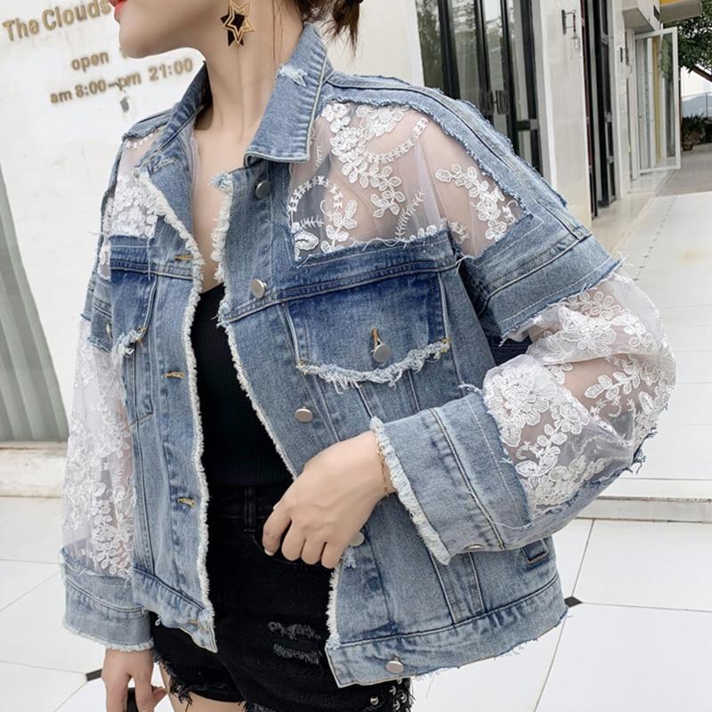 Jeans Jackets Summer Spring Autumn Long Sleeve Plus Size Women's Coat Loose Lace Patchwork Top Jacket Ladies Denim Coat