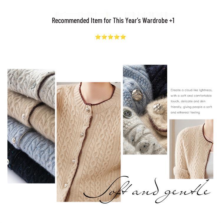 Women's Autumn/Winter Cashmere Knit Cardigan - Versatile Round Neck Elegant Cable Sweater Coat