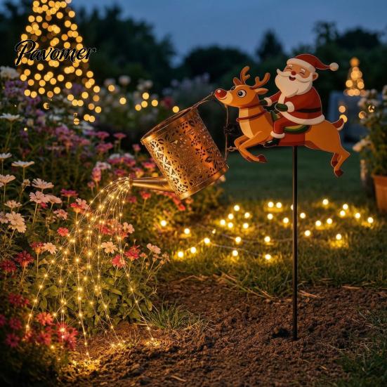 Solar Santa Watering Can Lights Light, Christmas Garden Stake Outdoor Decorative LED Pathway Light for Festive Front Yard Lawn Patio Decor Energy
