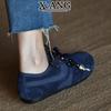 Cowhide version double shoelaces blue women's autumn new retro fashion soft-soled casual single shoes