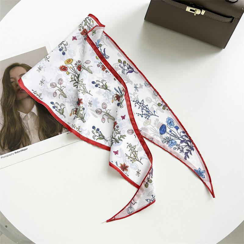 Spring and summer pastoral flower rhombus scarf dark pattern jacquard simulation silk scarf women's neck temperament small scarf tied bag