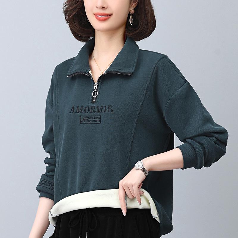Women's High Neck Fleece Sweatshirt, Turn-Down Collar, 2024 Autumn/Winter, Petite, Thick Zip-Up Top for Moms