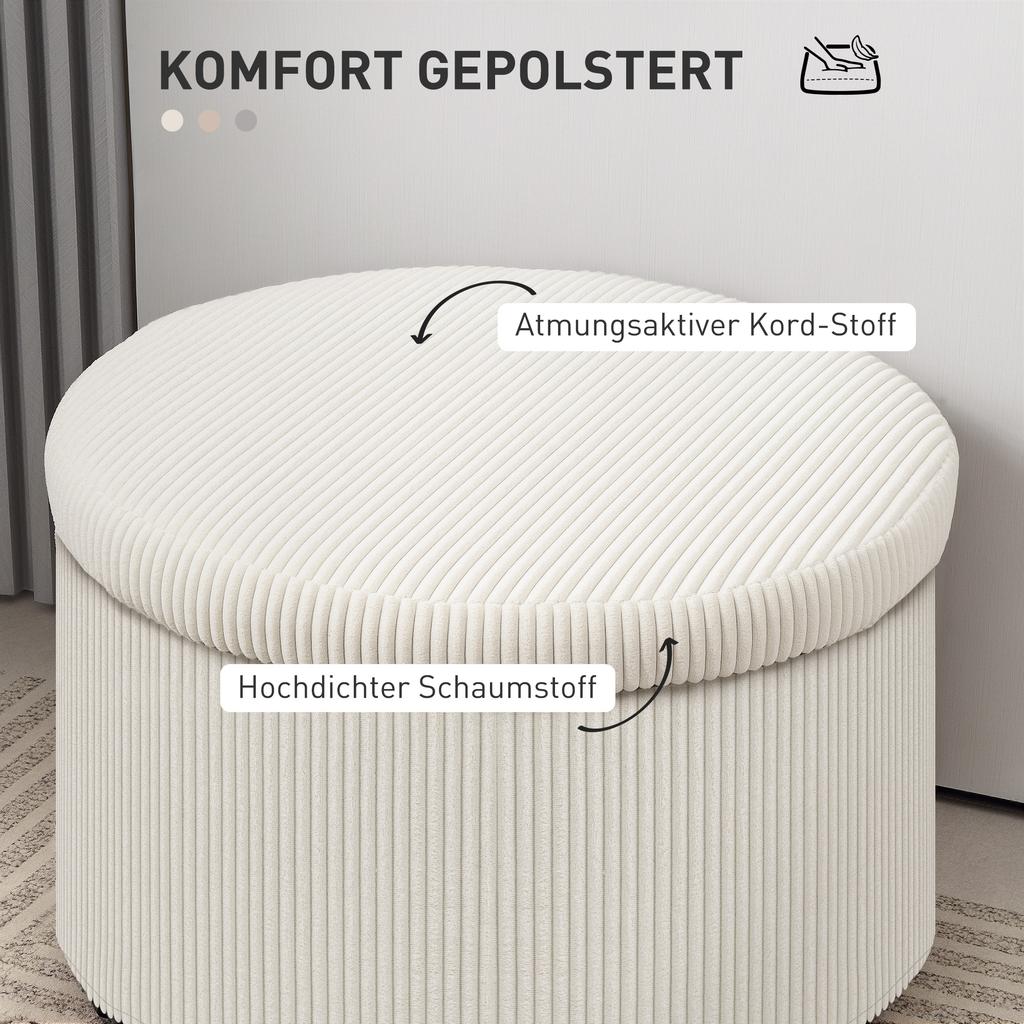 Footstool with 97 L Storage Space, Corduroy Fabric, Foam, Seat Stool, Beige