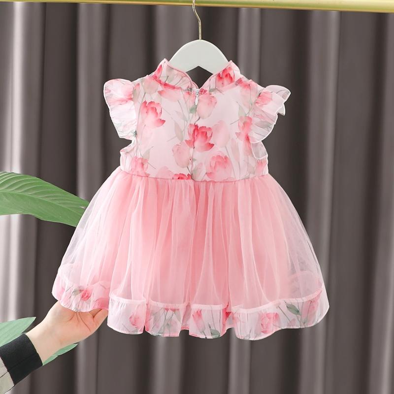 Summer  Baby Girl Dress Chinese Style Young Children's Clothing Short Sleeve Mesh Infant Kids Costume