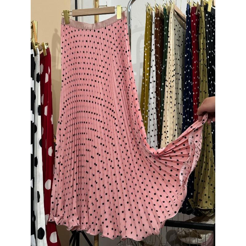 High Waist Polka Dot Long Skirt for Women Elegant Boho Beachwear Big Hem Ruffled Pleated Loose Fit  Style