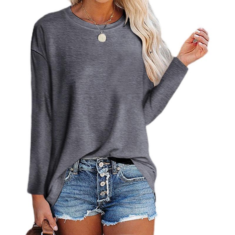 Women S Long Sleeve Round Neck Loose Fit Solid Color T Shirt