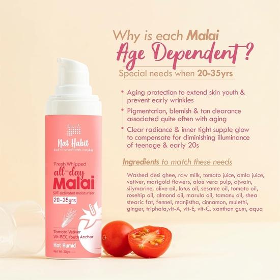 Crème visage Nat Habit All Day, Malai visage à la tomate fraîche fouettée et au vétiver - Ancre jeunesse pour une hydratation par temps chaud et humide (20-35 ans, 30 g)