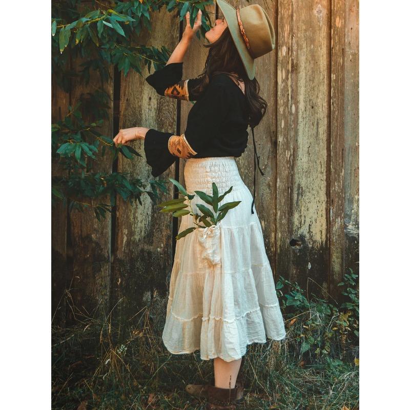 

Tiered A Line Skirt Women Forest Fairy Pockets Patchwork Long Dress Elastic Waist Vintage Hippie Gypsy Maxi Skirt XS