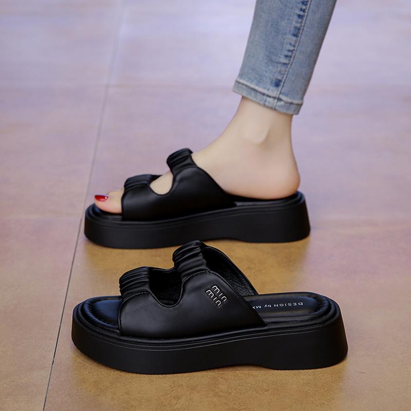 CRLAYDK Platform Slide Sandals for Women Beach Fold Summer Causal Thick Sole Soft Leather Open Toe Slip on Slippers
