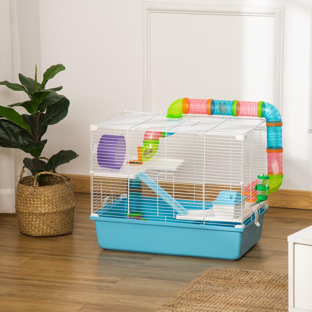 3-Tier Hamster Cage with Tubes, House, Water Tank and Wheel, 59x36x47 cm