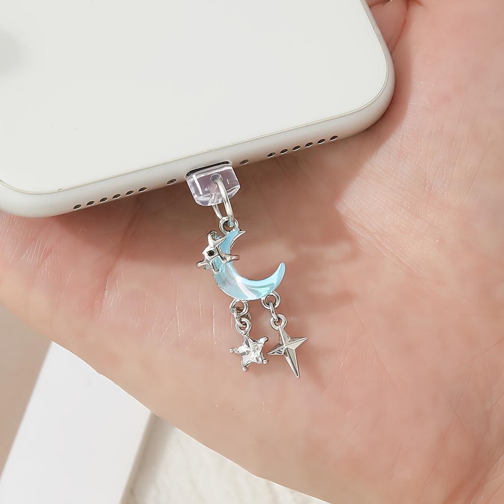 1pc Dreamy Pearl Moon Star Alloy Dust Plug Pendant, Simple Alloy Inlaid Color Moon Dust Plug Pendant, Cute Cartoon Mobile Phone Pendant