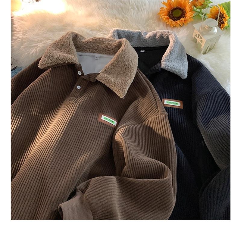 Felpa Uomo in Velluto a Coste con Collo a Polo Vestibilità Larga Manica Lunga Top Casual