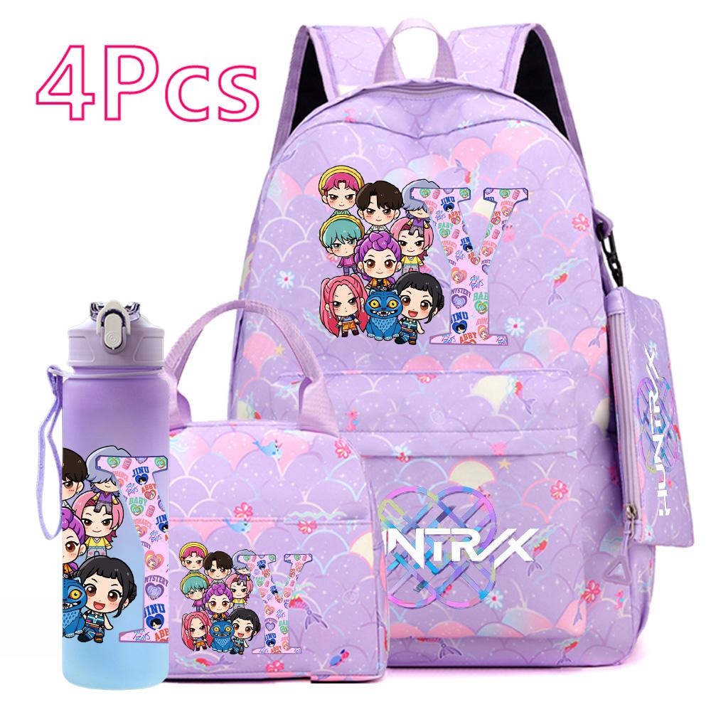 4Pcs/set 26 English Letter KPOP Printed Backpack with Handbag Pencil Case 750Ml Water Bottler for Teenager Boy Girl Large Capacity Bookbag Schoolbag