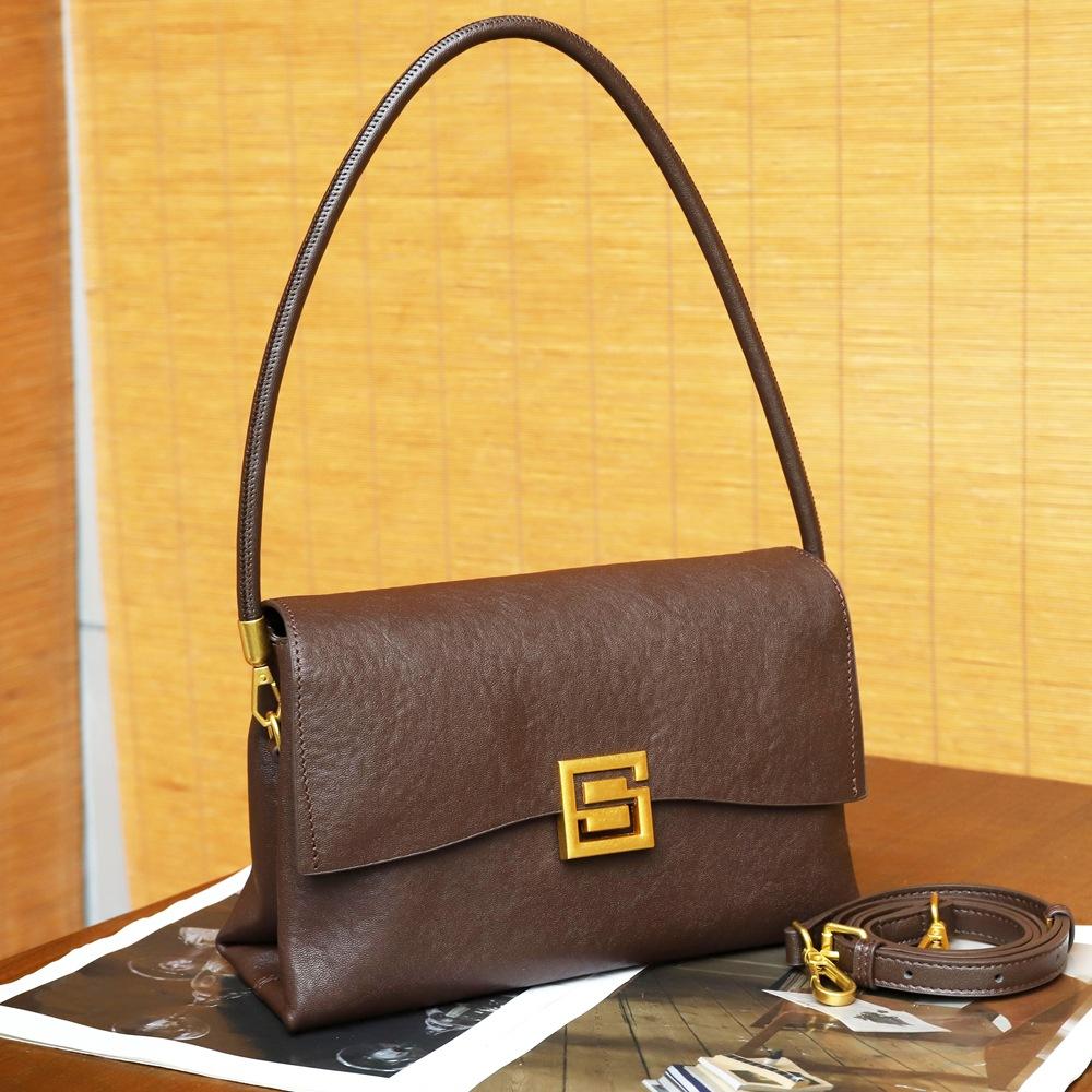 Vintage Vegetable Tanned Cowhide Leather Shoulder Bag Convertible Crossbody Handbag for Women