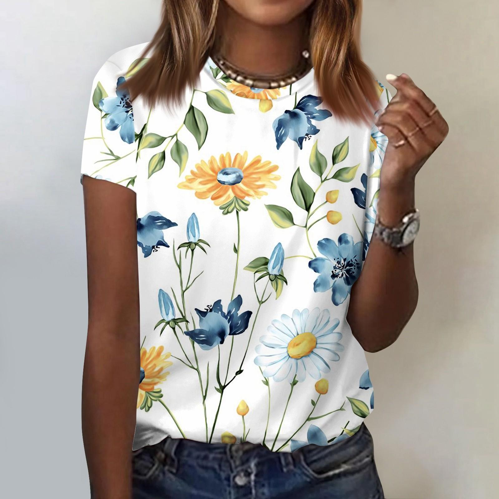 

Женская модная повседневная футболка с цветочным принтом и круглым вырезом, топ с короткими рукавами S