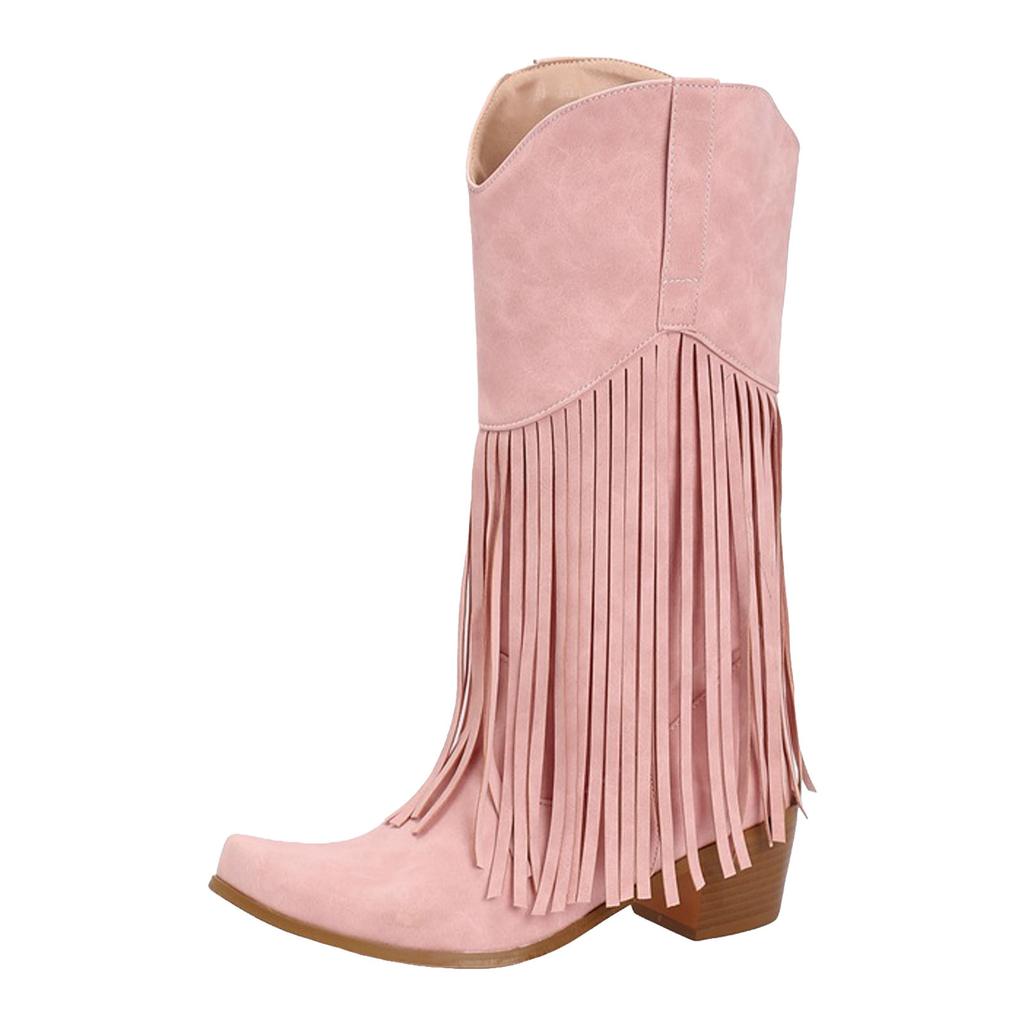 Stivali Alti da Donna con Frange e Tacco Spesso in Pelle a Punta Stivali da Cowboy alla Moda Casual Stivali con Tacco Alto da Donna Veri