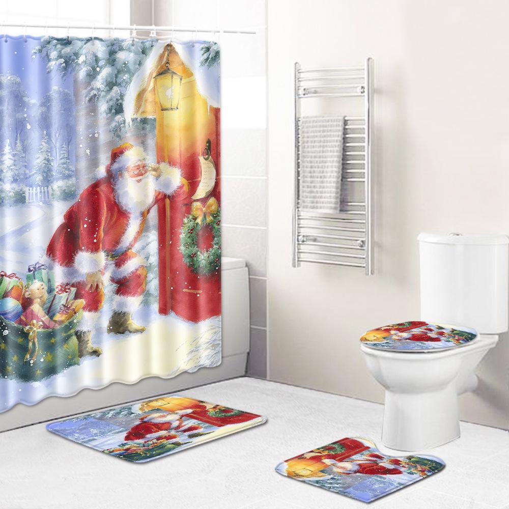 Christmas Shower Curtain Floor Mat Combination Four-Piece Set Bathroom Toilet Carpet Shower Room Mat Foot Mat