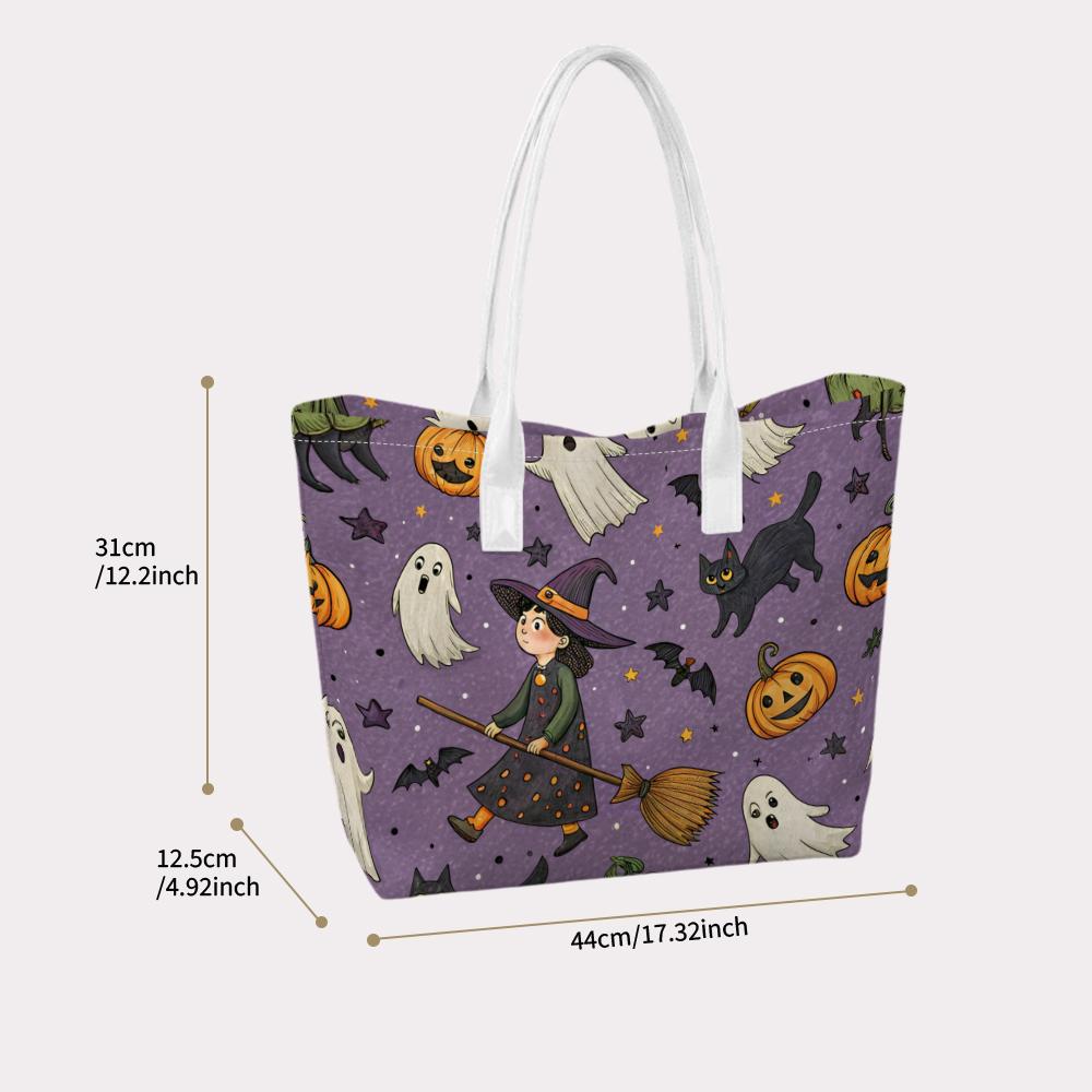 Halloween Witch Tote Bag Cute Ghost Pumpkin Print Large Capacity Casual Portable Shoulder Bag for Daily Use